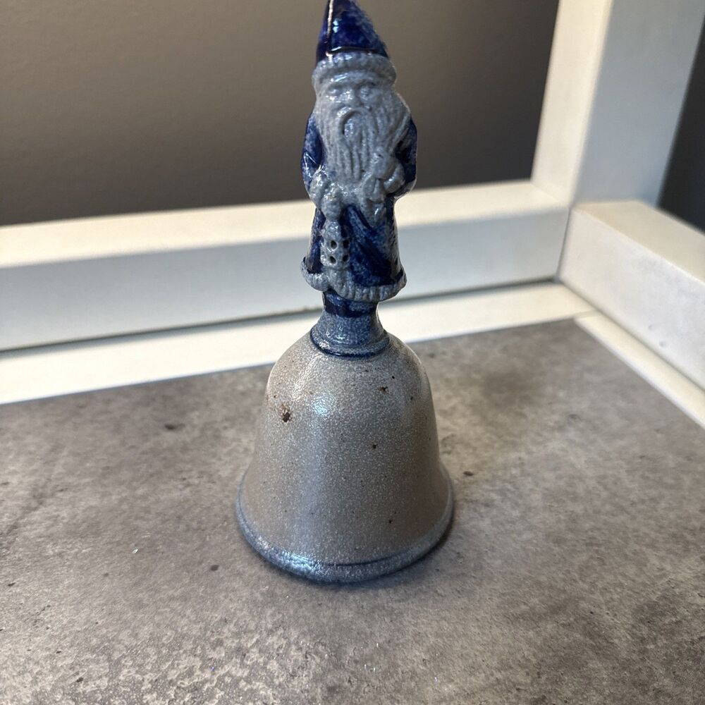 Vintage 1990 Rowe Pottery Works Cobalt Blue Salt Glaze Folk Art Santa Bell